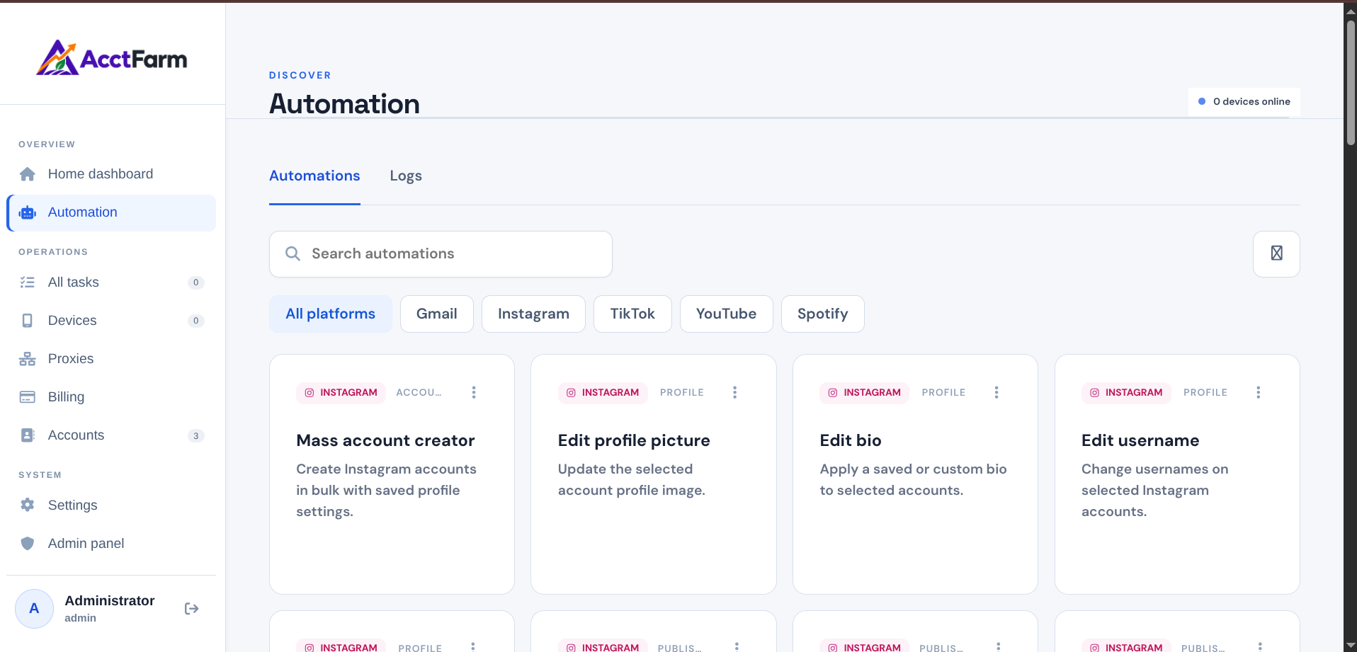 AcctFarm product library with Gmail, Instagram, TikTok, YouTube and Spotify tools