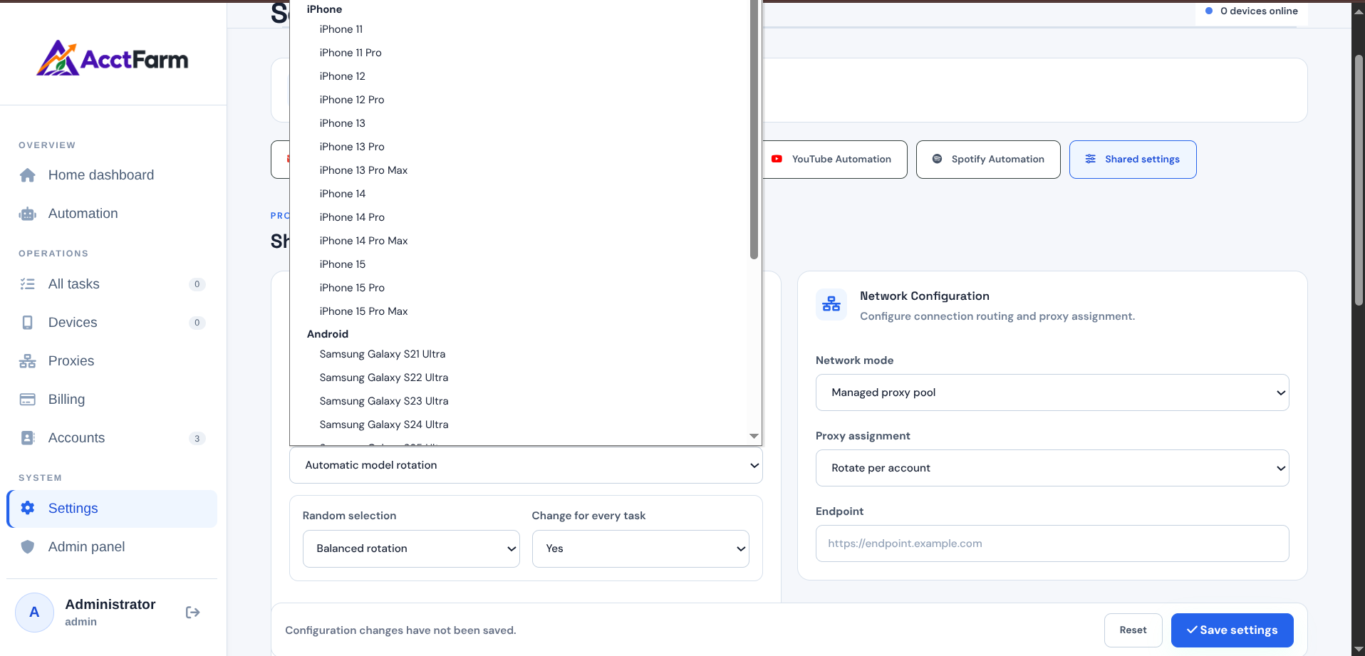 AcctFarm cloud-phone and network settings
