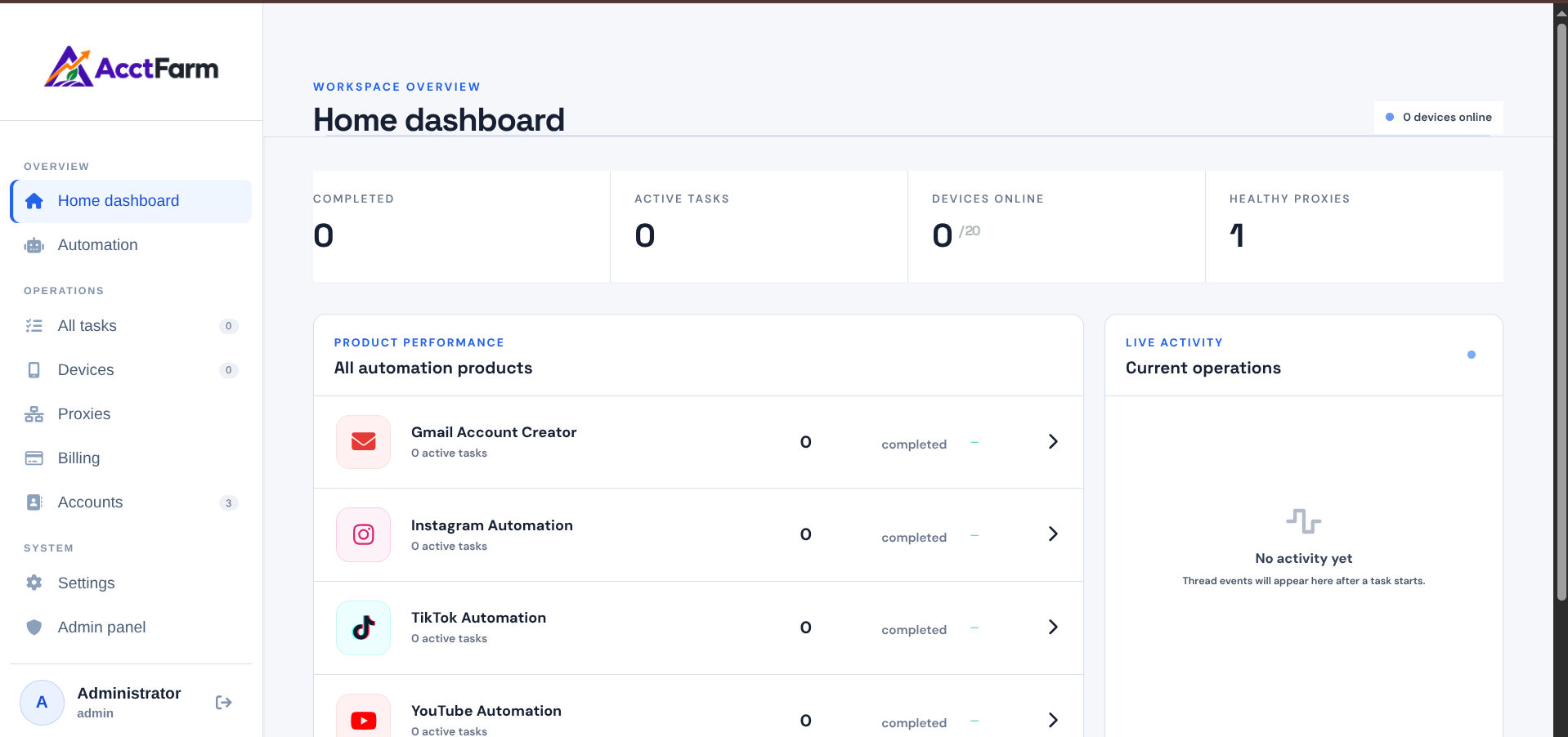 AcctFarm dashboard showing automation products, cloud-phone status, proxies and progress