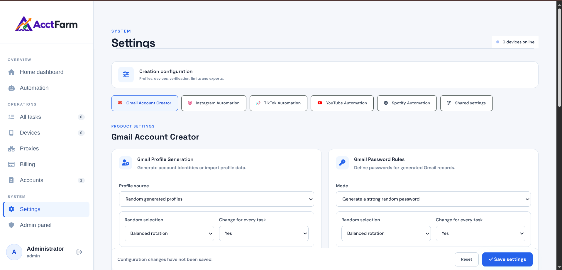 AcctFarm automation product settings